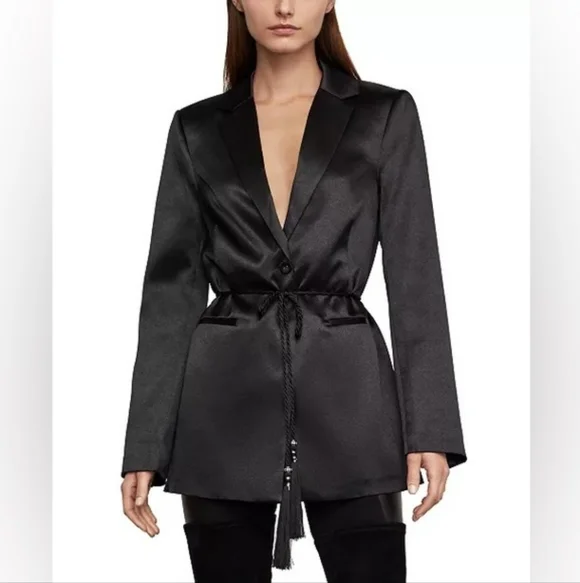 BCBGMaxAzria Black Satin Tassel-Tie Blazer Jacket, Size XXS - Picture 1 of 12